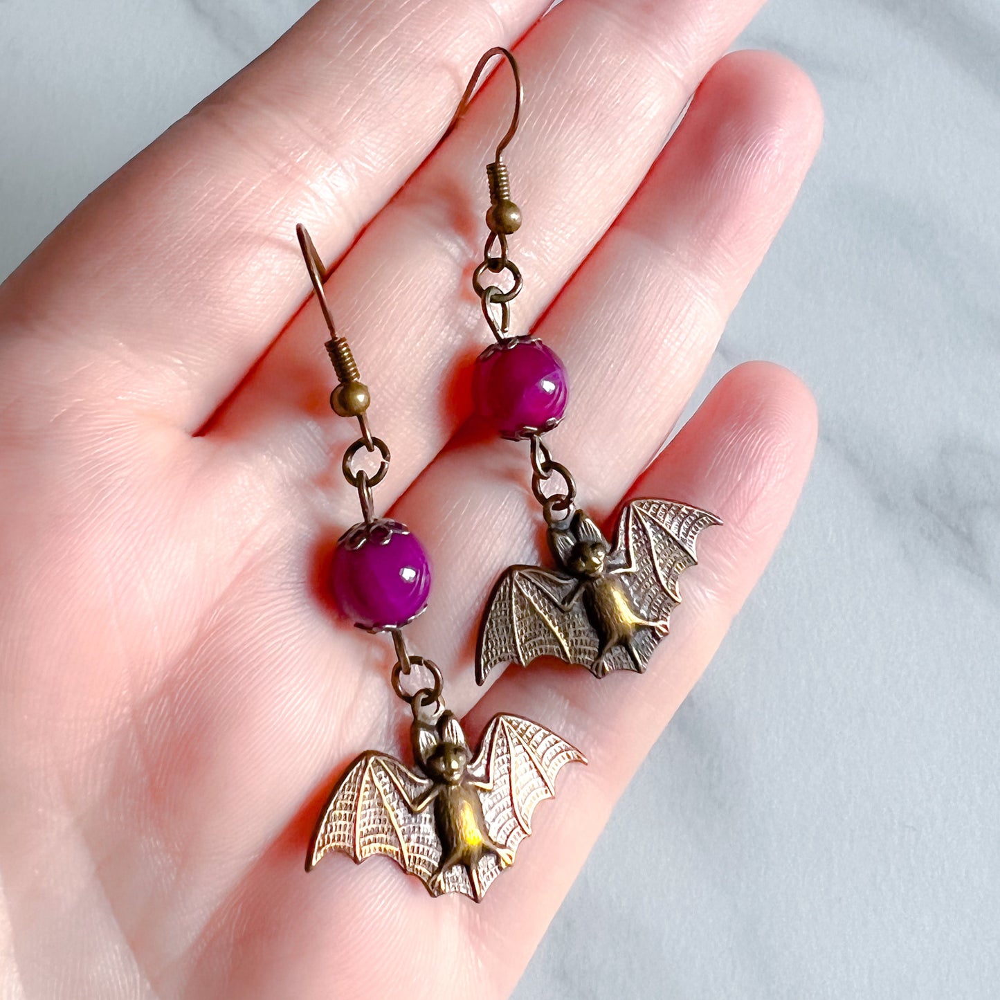 Bat Charm Earrings with Purple Agate