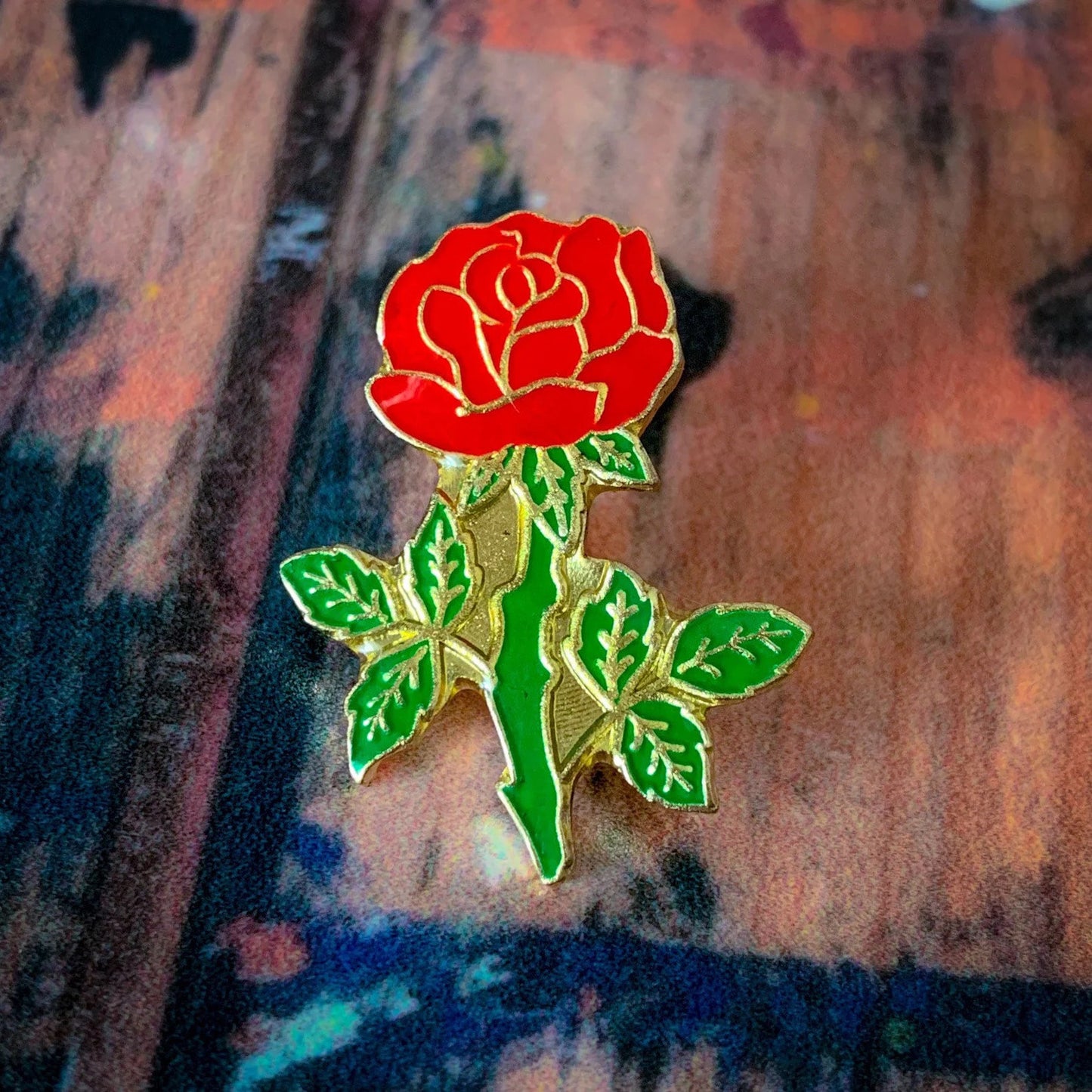 Vintage 1980s Thorny Red Rose Enamel Pin
