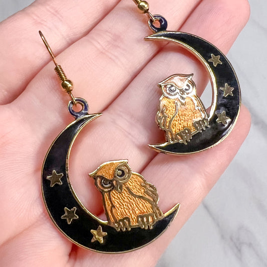 Vintage 1980s Owl & Moon Earrings